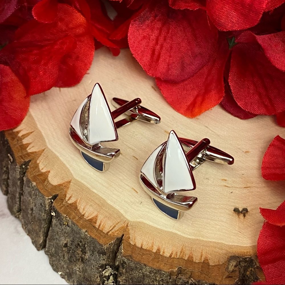 White and Blue Sailboat Cufflinks - Picture 10 of 16